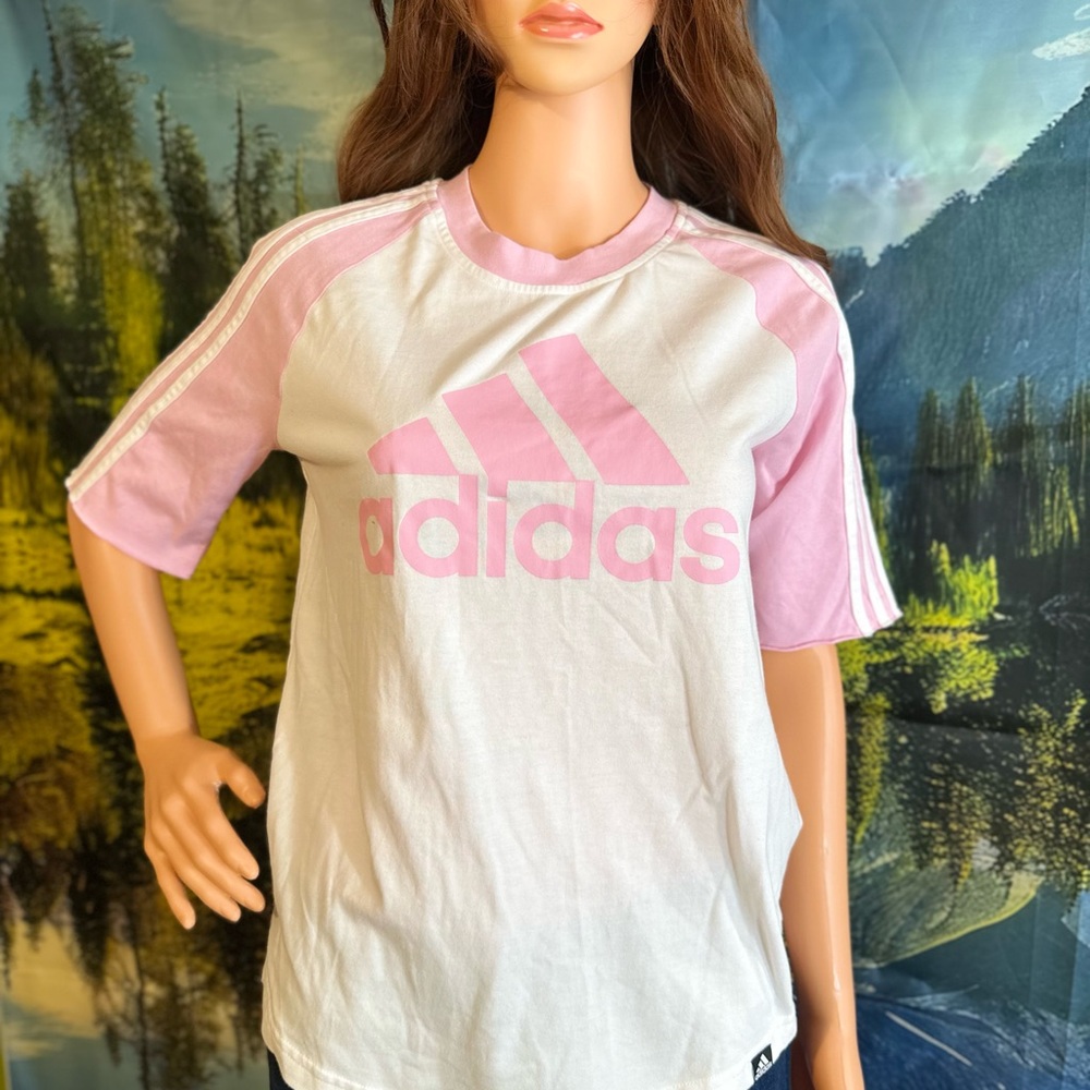 Adidas White and Pink Logo Tee